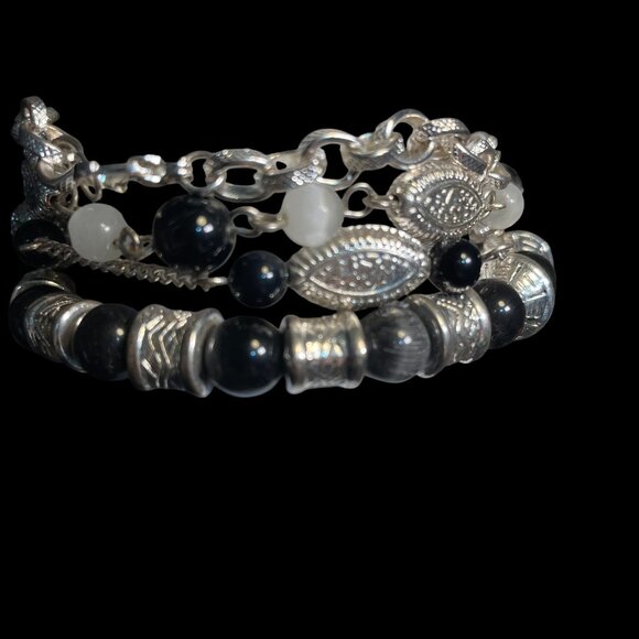 Covington Silver Black Beaded Bracelet Set Multi Strand Boho Chic Layered Look - Picture 4 of 7